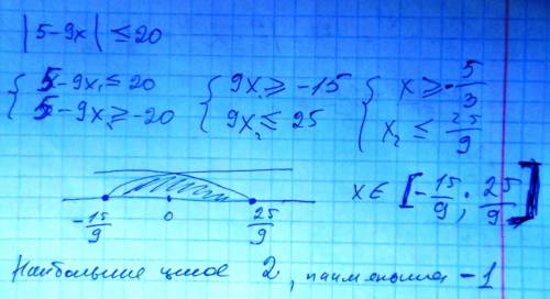 Найдете наибольшее и наименбшее целыесли решения неравенства l5+9хl < 20 -(знак меньше или равно)