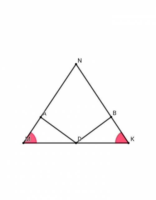 Востроугольном треугольнике mnk из точки d - середины стороны mk - проведены перпендикулярны da и db