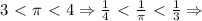 3\ \textless \ \pi\ \textless \ 4\Rightarrow \frac{1}{4}\ \textless \ \frac{1}{\pi}\ \textless \ \frac{1}{3}\Rightarrow