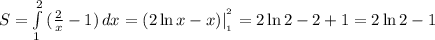 S= \int\limits^2_1 {({2\over x}-1)} \, dx =(2\ln x-x)|^{^2}_{_1}=2\ln2-2+1=2\ln2-1