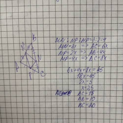 Дано: угол abc mn,np,mp ссреднии линии mn: np: mp=3: 2: 4 pabc=45см найти: ab,bc,ac