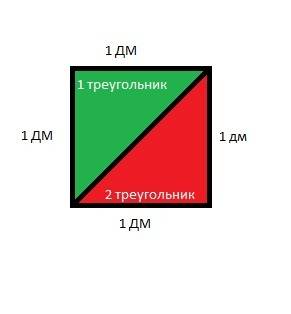 Начертил квадрат со стороной 1 дм . s=? проведи линию так, чтобы квадрат был разбит на 2 треугольник