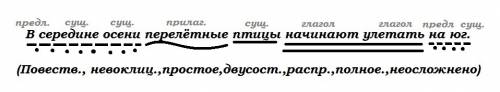 Сделать синтаксический разбор предложения: в середине осени перелётные птицы начинают улетать на юг.