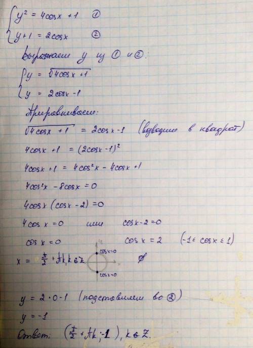 Y^2=4cosx +1 y+1=2cosx объясните подробно, как решить эту систему,