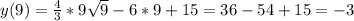 y(9) = \frac{4}{3}*9 \sqrt{9} - 6*9 + 15 = 36 - 54 + 15 = -3