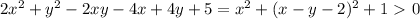 2x^2+y^2-2xy-4x+4y+5=x^2+(x-y-2)^2+1\ \textgreater \ 0