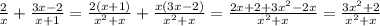 \frac{2}{x} + \frac{3x-2}{x+1} = \frac{2(x+1)}{x^2+x} + \frac{x(3x-2)}{x^2+x} = \frac{2x+2+3x^2-2x}{x^2+x} = \frac{3x^2+2}{x^2+x}