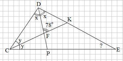 Втреугольнике cde проведены биссектрисы ck и dp, пересекающиеся в точке f, угол dfk=78•. найдите уго