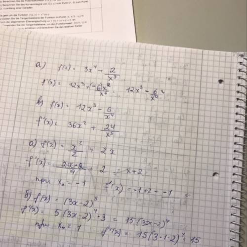 Срешением производных: а)f(x)=3x^4+2/x^3. б)f(x)=12x^3-6/x^4. а)f(x)=x^2/2+2x, x0=-1. б)f(x)=(3x-2)^