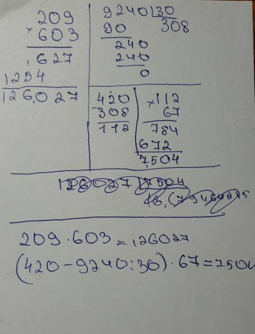 209×603; (420-9240÷30)×67.и всё это нужно решить в столбик.