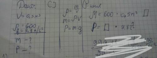 Дано : v=0.5 м³ , p (середня густина) = 600. знайти m та p (вага тіла)