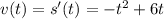 v(t)=s'(t)=-t^2+6t