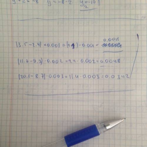 Вычислите: 1)(3,5-2,4)×0,001 2)(11,7-9,3)×0,002 3)(20,1-8,7)×0,003