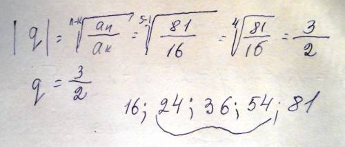 Між числами 16 і 81 вставте 3 таких числа ,щоб разом із числами вони утворювали прогресію
