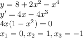 \huge y=8+2x^2-x^4 \\ y'=4x-4x^3\\ 4x(1-x^2)=0\\ x_1=0, x_2=1, x_3=-1