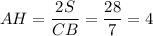 AH = \dfrac{2S}{CB} = \dfrac{28}{7} = 4