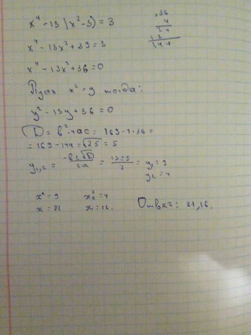 15 ! решить пример по : x^4-13(x^2-3)=3