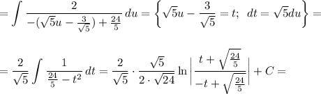 \displaystyle =\int\limits { \frac{2}{-( \sqrt{5}u- \frac{3}{ \sqrt{5} } )+ \frac{24}{5} } } \, du=\bigg\{ \sqrt{5}u- \frac{3}{ \sqrt{5} } =t;\,\,\, dt= \sqrt{5} du\bigg\}=\\ \\ \\ = \frac{2}{ \sqrt{5} } \int\limits { \frac{1}{ \frac{24}{5} -t^2} } \, dt= \frac{2}{ \sqrt{5} } \cdot \frac{ \sqrt{5} }{2\cdot \sqrt{24} } \ln\bigg| \frac{t+ \sqrt{ \frac{24}{5} } }{-t+ \sqrt{ \frac{24}{5} } } \bigg|+C=\\ \\ \\