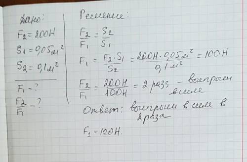 На большой поршень действует сила 200 н, площадь малого поршня 0,05 м2, площадь большого поршня 0,1