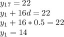 y_{17}=22\\y_1+16d=22\\y_1+16*0.5=22\\y_1=14