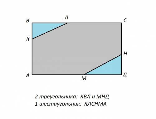 Впрямоугольнике abcd проведи два отрезка так чтобы получились 2 треугольника и шестиугольник обознач