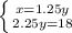 \left \{ {{x=1.25y} \atop {2.25y=18}} \right.