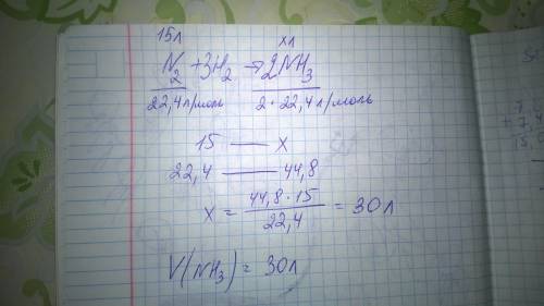 Какой объем аммиака выделится при взаимодействии 15 л азота с водородом