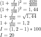 (1+ \frac{I}{100})^2= \frac{4320}{3000}\\(1+ \frac{I}{100})^2=1,44\\1+ \frac{I}{100}= \sqrt{1,44}\\ 1+ \frac{I}{100}=1,2\\ I=(1,2-1)*100\\ I = 20