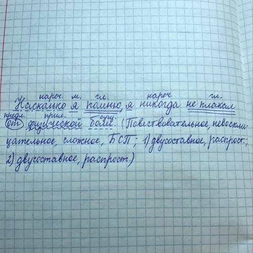 Синтаксическиц разбор предложения : насколько я помню,я никогда не плакал от боли