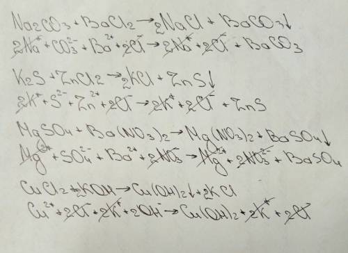 Составить уравнения реакций в молекулярном и ионном виде na2co3 + bacl2 k2s + zncl2 mgso4 + ba(no3)2