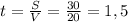 t= \frac{S}{V}= \frac{30}{20} =1,5