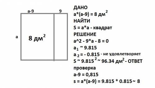 Лист железа имеет форму квадрата.после того как от него отрезали полосу шириной 9 дм,площадь оставше