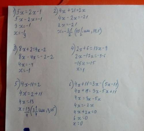 Решите уровнения 1) 5х=2х-1. 2) 4х+21=2х. 3) 8х+2=4х-2. 4) 2х+6=17х-9. 5) 4х-11=2 (х-5, 5). 6) 4х+11