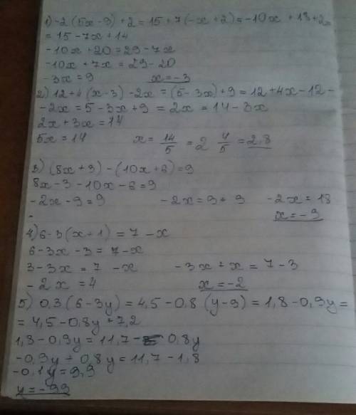 1) -2(5x-9)+2=15+7(-x+2) 2) 12+4(x-3)-2x=(5-3x)+9 3) (8x++6)=9 4) 6-3(x+1)=7-x 5) 0,3(6-3y)=4,5-0,8(