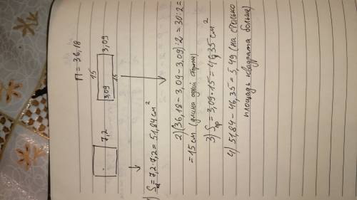 Решить : длинна стороны квадрата 7,2 см,а одной из сторон прямоугольника- 3,09 см.сравните площади п