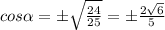 cos \alpha =б \sqrt{ \frac{24}{25} }=б \frac{2 \sqrt{6} }{5}