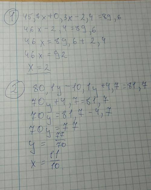 Решите уравнение a). 45,7x+0,3x-2,4=89,6 b). 80,1y-10,1y+4,7=81,7