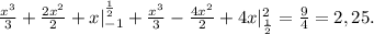 \frac{x^3}{3}+ \frac{2x^2}{2}+x|_{-1}^{ \frac{1}{2} }+ \frac{x^3}{3}- \frac{4x^2}{2}+4x|_{ \frac{1}{2} }^2= \frac{9}{4}=2,25.