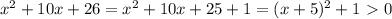 x^2+10x+26=x^2+10x+25+1=(x+5)^2+1\ \textgreater \ 0