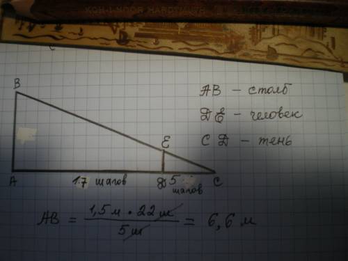 Человек ростом 1,5м стоит на расстоянии 17 шагов от столба,на котором висит фонарь.тень человека рав