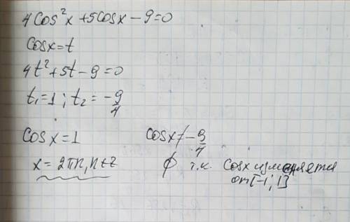 Решите тригонометрическое уравнение 4cos^2x+5cosx-9=0