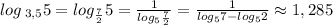 log\, _{3,5}5=log_{\frac{7}{2}}5=\frac{1}{log_5\frac{7}{2}}=\frac{1}{log_57-log_52}\approx 1,285