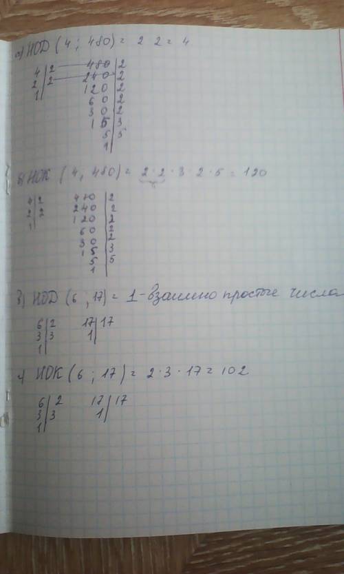 Вычисли: а) нод (4, 480) б) нок (4, 480) в) нод (6, 17) г) нок (6,17)