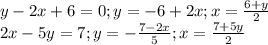 \\ y-2x+6=0; y=-6+2x; x= \frac{6+y}{2} \\ 2x-5y=7; y=- \frac{7-2x}{5} ; x= \frac{7+5y}{2}