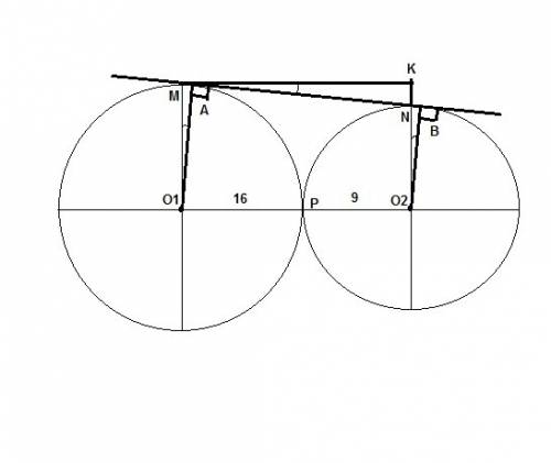 Кокружностям, радиусы которых равны 16 и 9, построена общая внешняя касательная ab(a и b-точки касан
