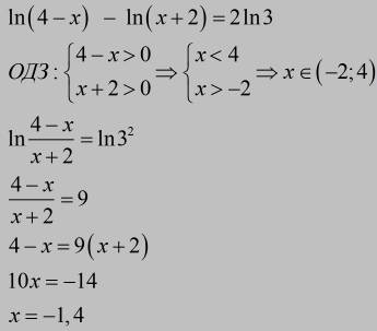 1. ln(4-x) - ln(x+2)=2ln3 2. log1/3(x^2 -4) < log1/3( -3x) 3. log61/x+3=0