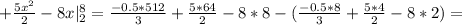 + \frac{5x^2}{2}-8x|_2^8= \frac{-0.5*512}{3}+ \frac{5*64}{2}-8*8-( \frac{-0.5*8}{3}+ \frac{5*4}{2}-8*2)=