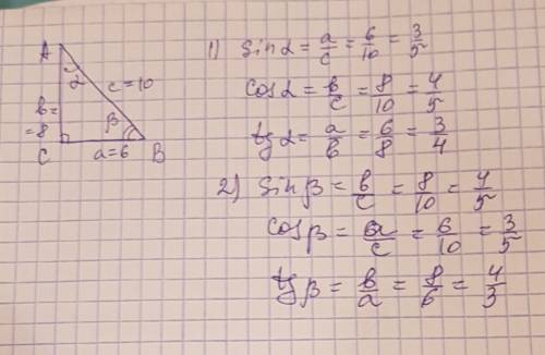 Найти sin cos tan его острых кутов если его стороны равны 6 м 8 м 10м