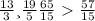 \frac{13}{3} и \frac{19}{5} \frac{65}{15} \ \textgreater \ \frac{57}{15}