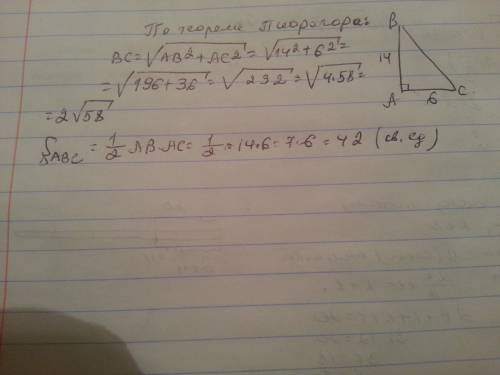 Дан прямоугольный треугольник диагональ катетов 14 и 6.найти гипотенузу и площадь